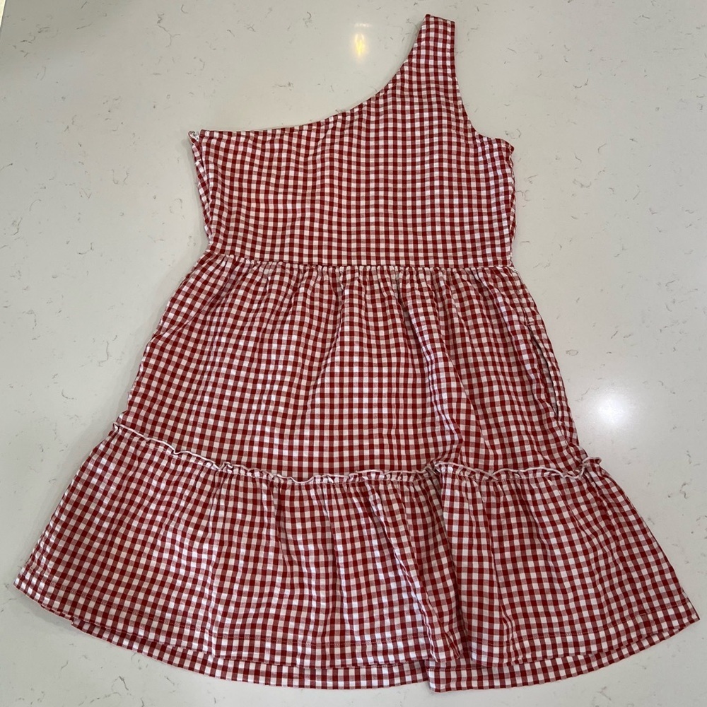 Crown & Ivy Red Gingham One Shoulder Cotton Dress Size 12 - Picture 3 of 13